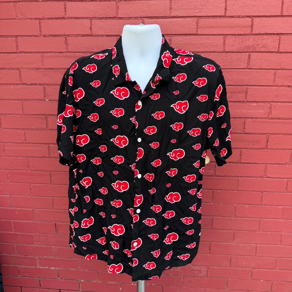 Naruto Shippuden Akatsuki Red Cloud Button Down Shirt Mens Large Black Rayon